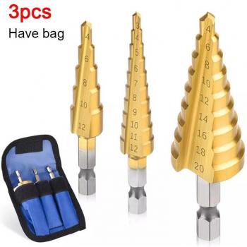 Woodworking Titanium Coated HSS Step Drill Bits 3-12mm, 4-12mm, 4-20mm