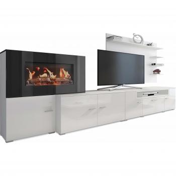 Mueble comedor con chimenea eléctrica, acabado en Blanco Mate y Blanco Brillo