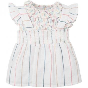 Conjunto de niña con blusa estampada y vestido a rayas multicolor
