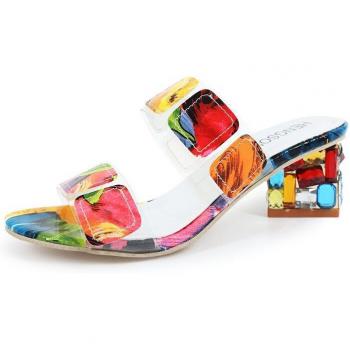Zapatos al aire libre para mujeres y niñas, sandalias de tacón grueso con plataforma y joya, diseño Peep Toe