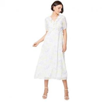Chartreuse Chiffon Puff Sleeve Midi Dress with Frill Neckline
