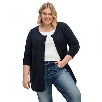 Sheego Damen Feinstrickjacke Rundhalsausschnitt Knopfleiste nachtblau Gr. 40/42