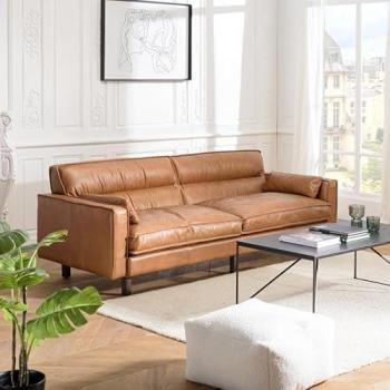 Sofá vintage de 3 plazas en piel marrón camel Gaston