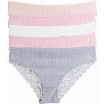 Culotte femminili 5 pezzi cotone pizzo retro righe salmone