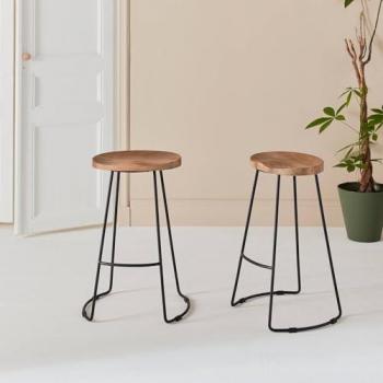 Lot de 2 tabourets de bar en bois de manguier naturel et acier 65 cm