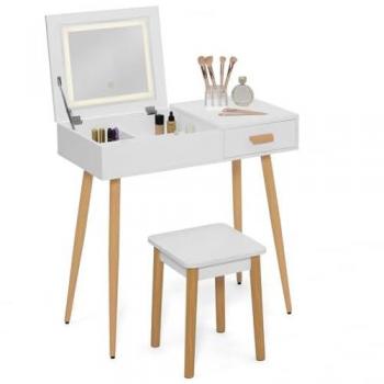 Lisa Mueble de Tocador Estilo Noruego con Espejo Retráctil y LED – Taburete Blanco