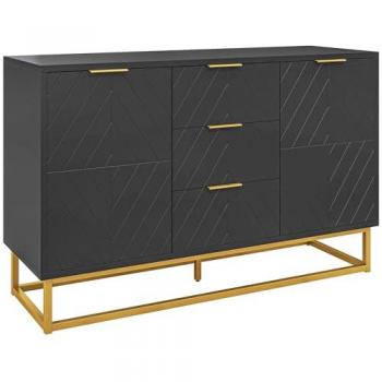 Buffet Minimaliste Noir MDF avec Accents Dorés et Étagères Ajustables