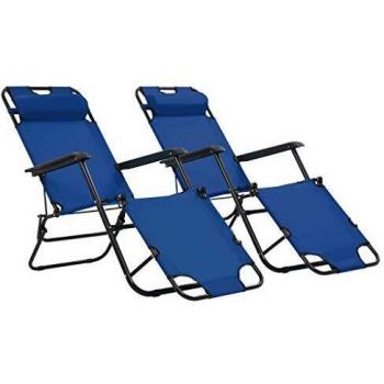 Chaise longue pliable avec repose-pied en acier bleu