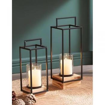 Laterne 'Modern Industrial' im 2er Set aus Metall & Glas mit Holzsockel, 35 + 45 cm hoch