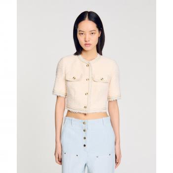 Size 10US (42FR) Sandro Ecru & Pink Tweed Jacket – Short Sleeve