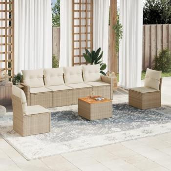 Set de muebles de jardín 7 piezas con cojines de ratán sintético beige