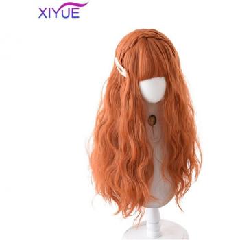 Perruque ondulée synthétique orange avec frange