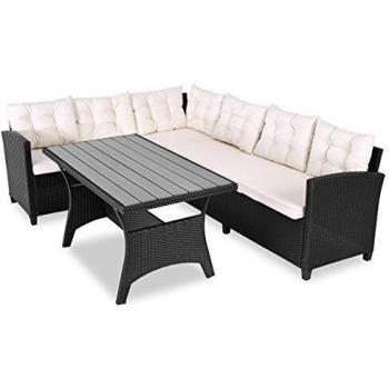 Polyrattan Ecklounge-Set Schwarz/Creme mit WPC Tischplatte für 6 Personen