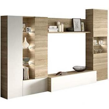 Meuble TV avec LED ESSENCIAL blanc brillant chêne