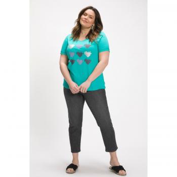 T-shirt turchese con cuori, scollo a V, mezze maniche, Donna, Taglia: 60/62, Cotone/Fibre sintetiche