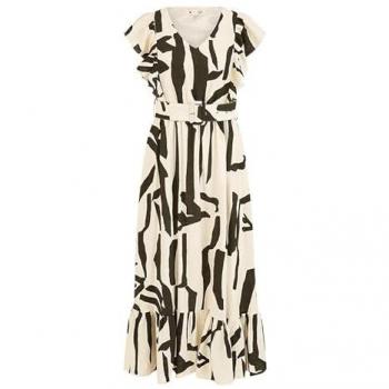 Vêtement de détente Yumi Yumi : robe midi viscose crème à imprimé abstrait, ceinture en accord