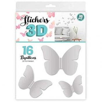 Papillons 3D Gris, Adhésif Décoratif – Pack de 16 – 12×12 cm