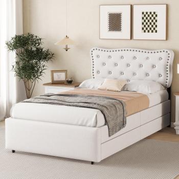 Cama Beige con Cajones y Cabecero Decorado