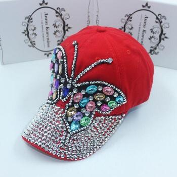 Casquette baseball pour femmes « Éclat de Papillon » – denim, cristaux multicolores, rabat