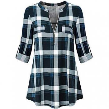 Bluse Damen Business Lang V-Ausschnitt Tunika Shirt 3/4 Ärmel Kariertes Hemd (B-Blau S)