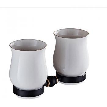 Black and White Bathroom Accessory Set: Dual Metal Cup, Tumbler, Toothbrush, and Glass Holder