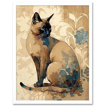 Elegant Blue Flowered Tonkinese Cat Art Poster