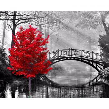 Living Room Art Kit: Embroidered Forest Bridge & Red Tree 5D Painting – 20x30cm