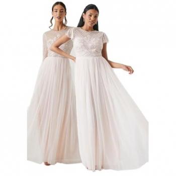Baroque Angel Sleeve Two‑in‑One Bridesmaid Dress (Blush)