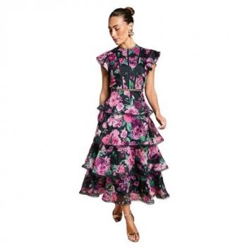 Seafoam Lace Midi Dress with Tiered Layers – Navy