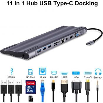 Adaptador 11 en 1 USB C a HDMI 4K, VGA, Ethernet y Lector de Tarjetas para Macbook Pro y Huawei Mate 30