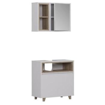 Set di Mobili da Bagno Elnor in Bianco/Quercia con Mobiletto a Specchio e Base – Vicco