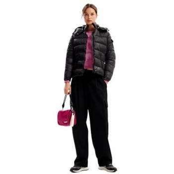 Checked Black Hooded Jacket with Zip Fastening