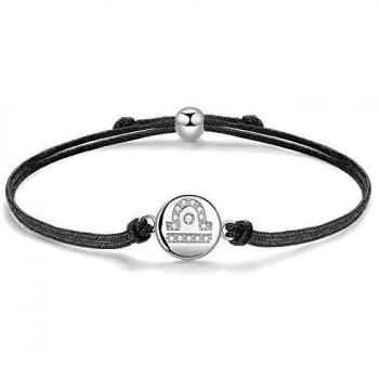 J.Endéar Signature Libra Bracelet for Women, 925 Sterling Silver Charm, Cord Filigree, 24cm Length, Adjustable Black