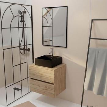 Meuble Salle de Bains 60cm avec Vasque Noire et Miroir Inclus