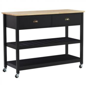 Navarino Kitchen Trolley Island on Wheels Black with Light Wood Top 2 Shelves 2 Cutlery Drawers Casters