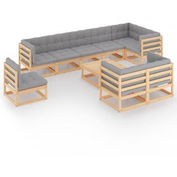 Salon d'extérieur 10 pièces en bois de pin massif avec coussins