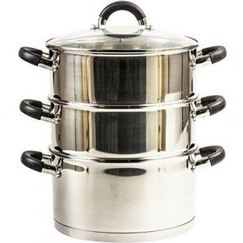 Stackable 20CM Stainless-Steel Steamer Trio with Transparent Lid
