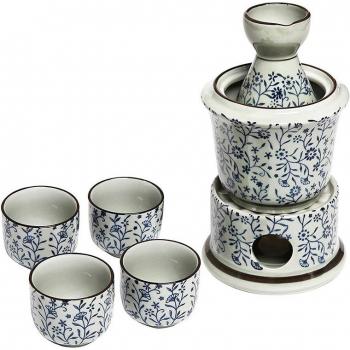 Joya Cerámica Japonesa Sake Azul 7P con Calentador y Jarra