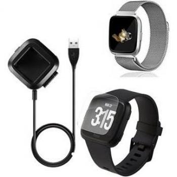 Kit Bracelet Milanese Loop en Gris – Chargeur USB, Coque Gel Complète – FitBit Versa Lite