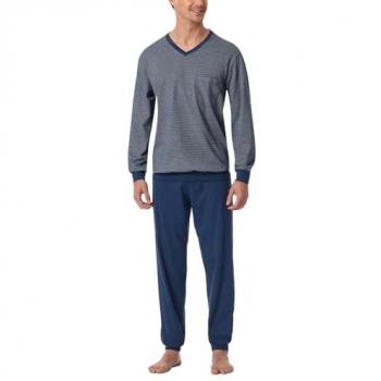 Schiesser Schlafanzug „Comfort Essentials“ Herren 64 – Blau, Langarm, V‑Ausschnitt