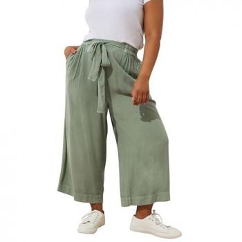 Pantalon vert à taille nouée en chambray