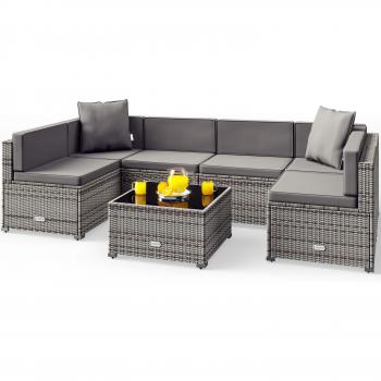 Divanetto da esterno in polyrattan grigio-antracite con tavolo e cuscini