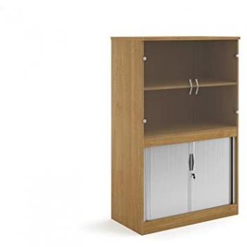 Classic Oak Tambour + Glass Combination Cabinet – 1600 mm Height, Double Shelf