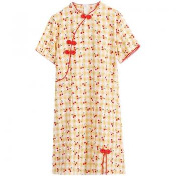 Qipao Talla Grande Mujer Algodón Lino Cuadros Amarillos Manga Corta