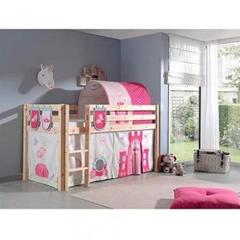 Lit mi-hauteur Vipack Pino en bois massif avec textile princesse, incluant tunnel et option de toboggan, 90x200 cm
