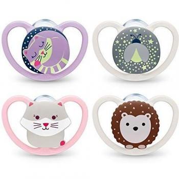 NUK Space & Night Baby‑Schnuller – 0–6 Monate – Licht & Luft – BPA‑frei – Katzen‑ und Igelmotif – 4 Pack