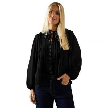 Wallis Women's Petite Georgette Blouse with Satin Trim – Black (12)