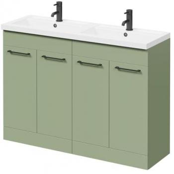 Olive Green 1200mm Napoli Floor Standing Vanity Unit with Polymarble Double Basin and Matt Black Handles