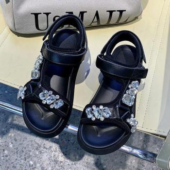Chaussures de plage à talons compensés, sandales d'été beiges Muffins, plateforme, strass noirs