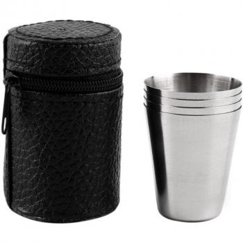 Vasos de acero inoxidable pulidos, 30 ml, set de 4 con funda de cuero